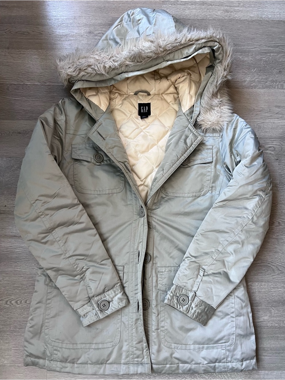 GAP Light Silver Hooded Puffer Coat with Faux Fur Trim